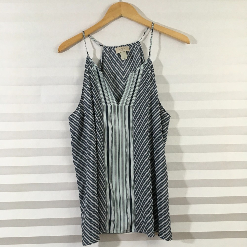 Loft Outlet Womens‎ Blouse Top Size L Spaghetti Strap V Neck Blue Striped